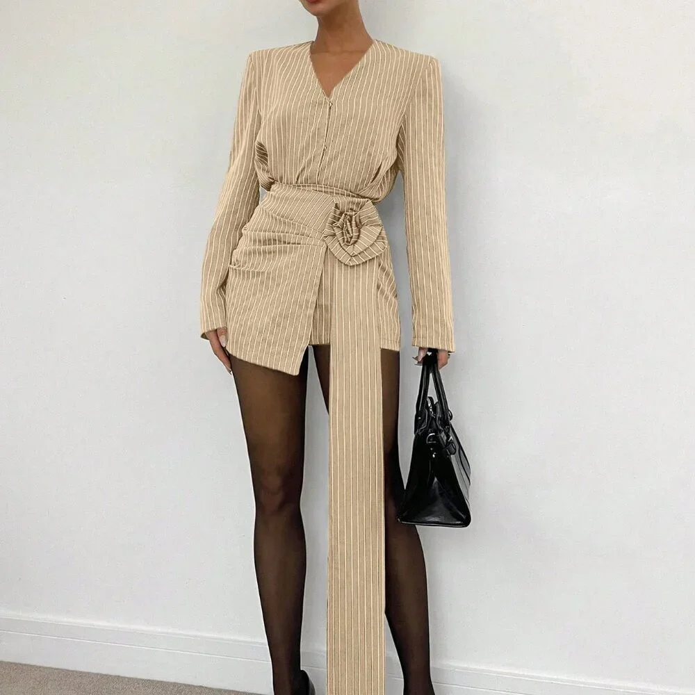 beige Casual Women's 3d Rose striped top & Mini Skirt set